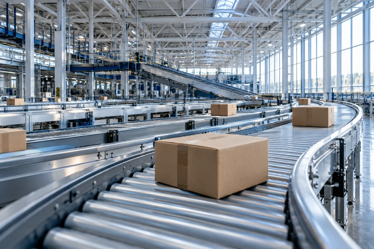 Automated parcel sorting center with curved conveyor belts